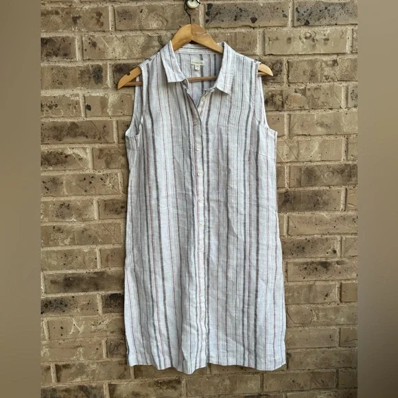 Garnet Hill White Striped Linen Midi Shirt Dress size 10 - Picture 2 of 7